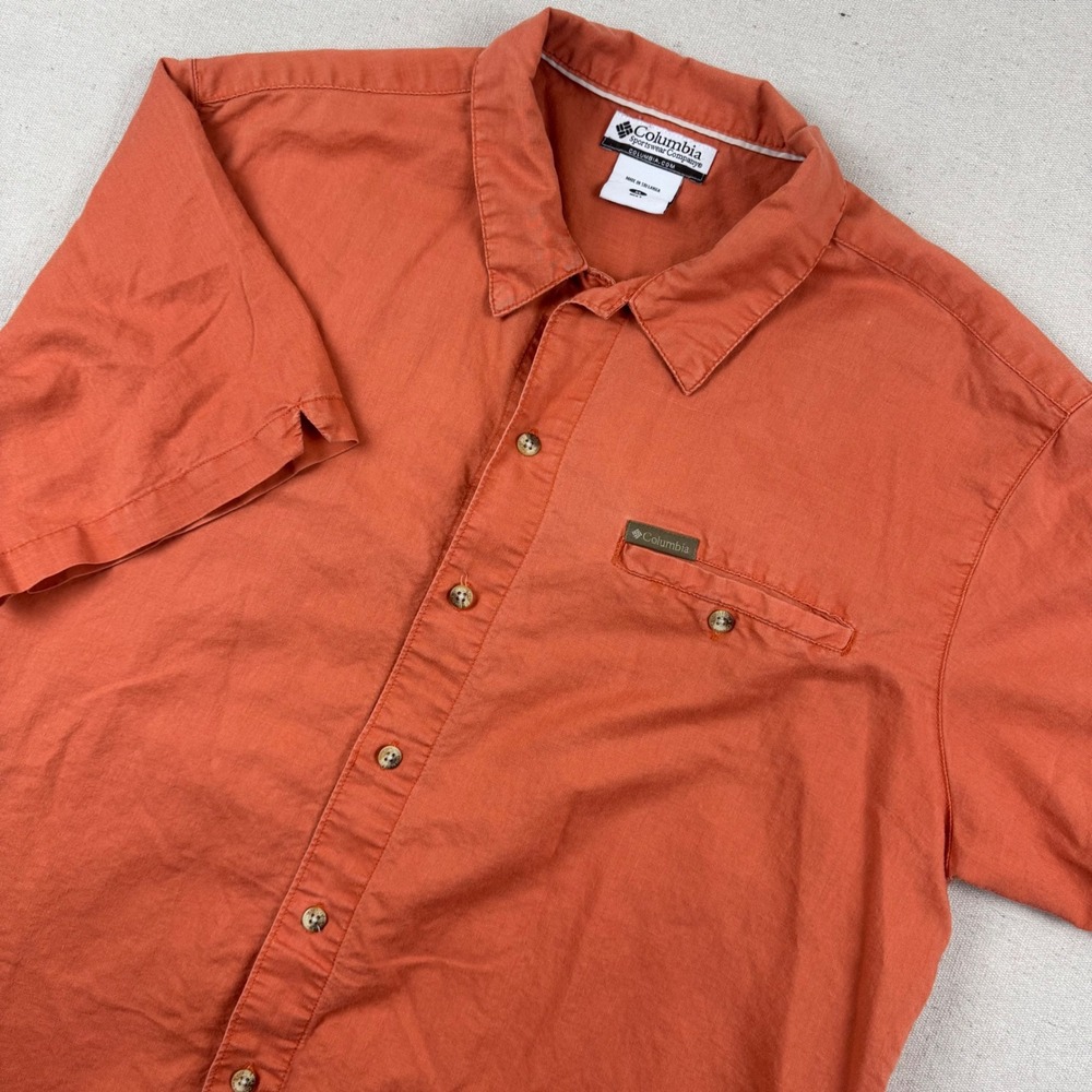 Columbia XL Button Up Shirt Men Orange Short Sleeve Ramie Cotton AM 7141